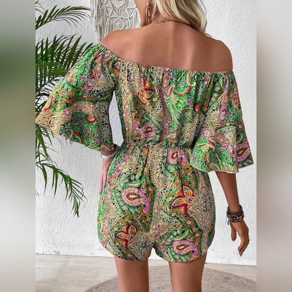 HYFVE Green Paisley Off-Shoulder Romper With Tie And Elastic Waist - Picture 3 of 8